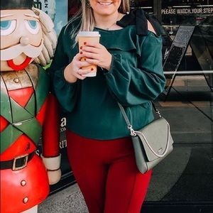 Green tie shoulder blouse